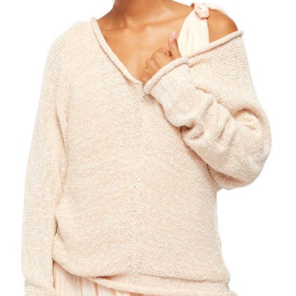 Free People Ivory Bright Lights V-Neck Sweater - Picture 1 of 8